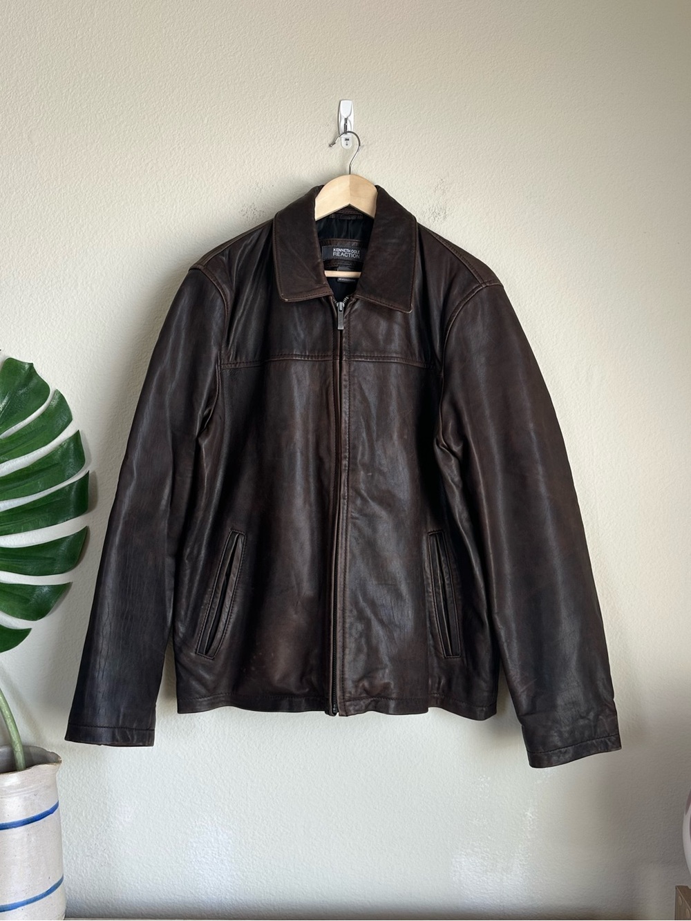 Vintage Kenneth Cole Reaction Mens Brown Leather Zip Jacket